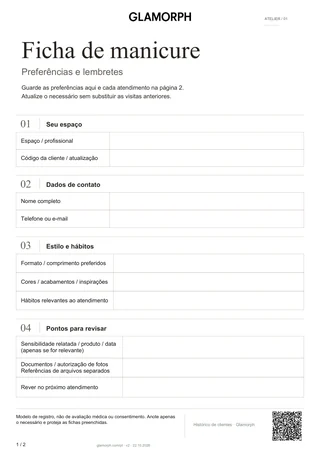 Prévia do modelo: Ficha de cliente de manicure e registro de atendimento — Ficha · 2 pág.