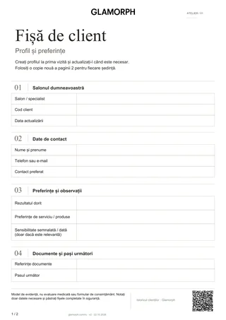 Previzualizarea modelului: Fișă de client și registru de ședință — Fișă · 2 pag.