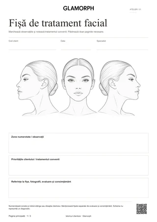 Previzualizarea modelului: Schemă a feței și fișă de tratament facial — Verde salvie · 3 pagini