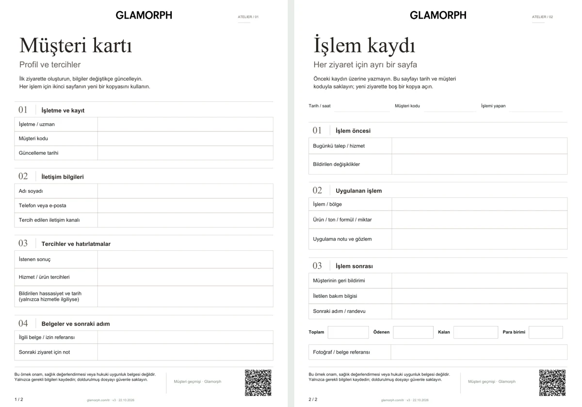 Müşteri profili ve her ziyaret için ayrı işlem kaydı içeren iki sayfalık Türkçe PDF formunun önizlemesi.