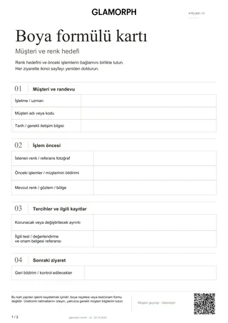Form önizlemesi: Kuaför boya formülü kartı — Form · 2 sayfa