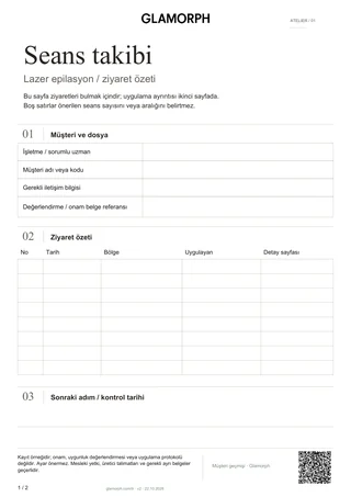 Form önizlemesi: Lazer epilasyon seans takip formu — Form · 2 sayfa